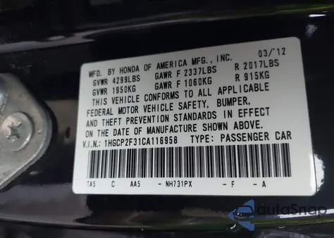 2012 Honda Accord 2.4 Lx из США, поврежденный, VIN 1HGCP2F31CA116958